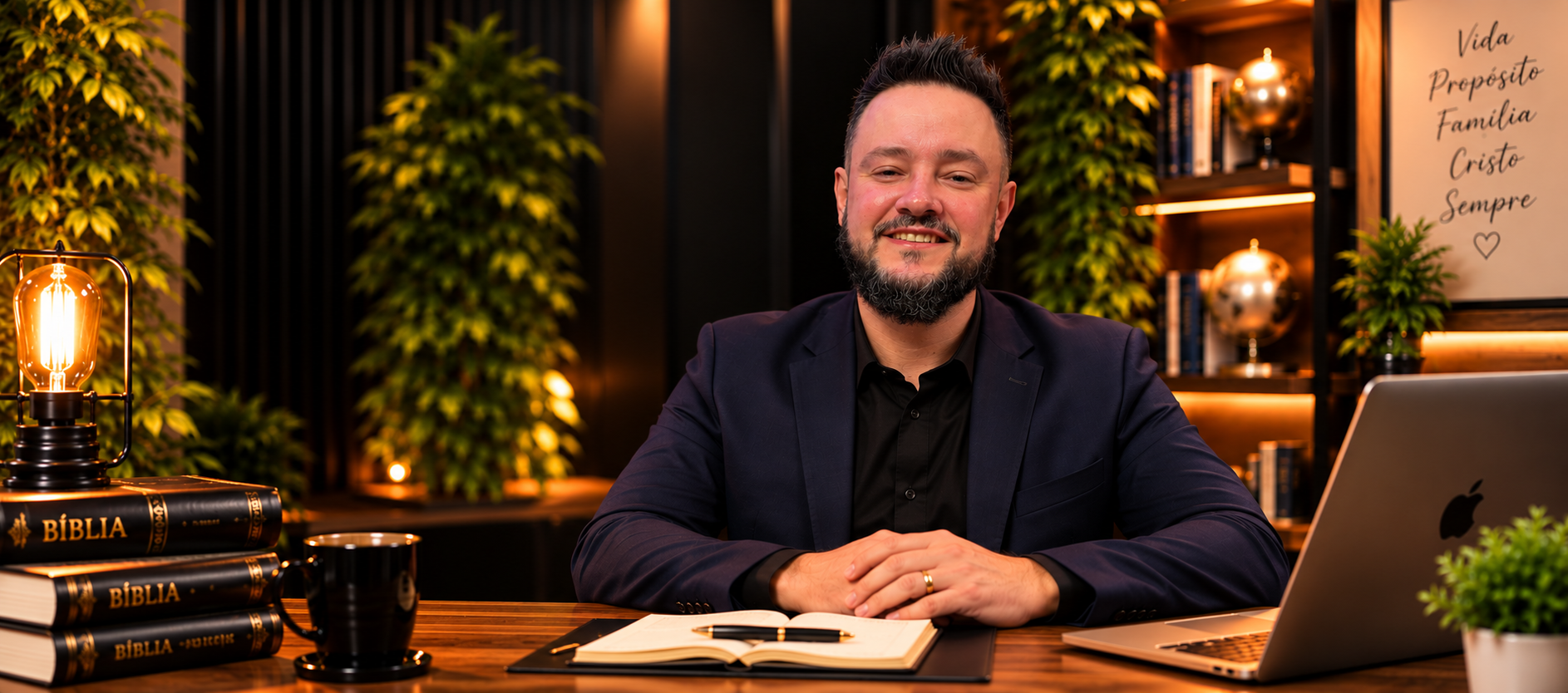 Luis Fernando Mentor em seu estúdio, sentado à mesa com livros e iluminação acolhedora