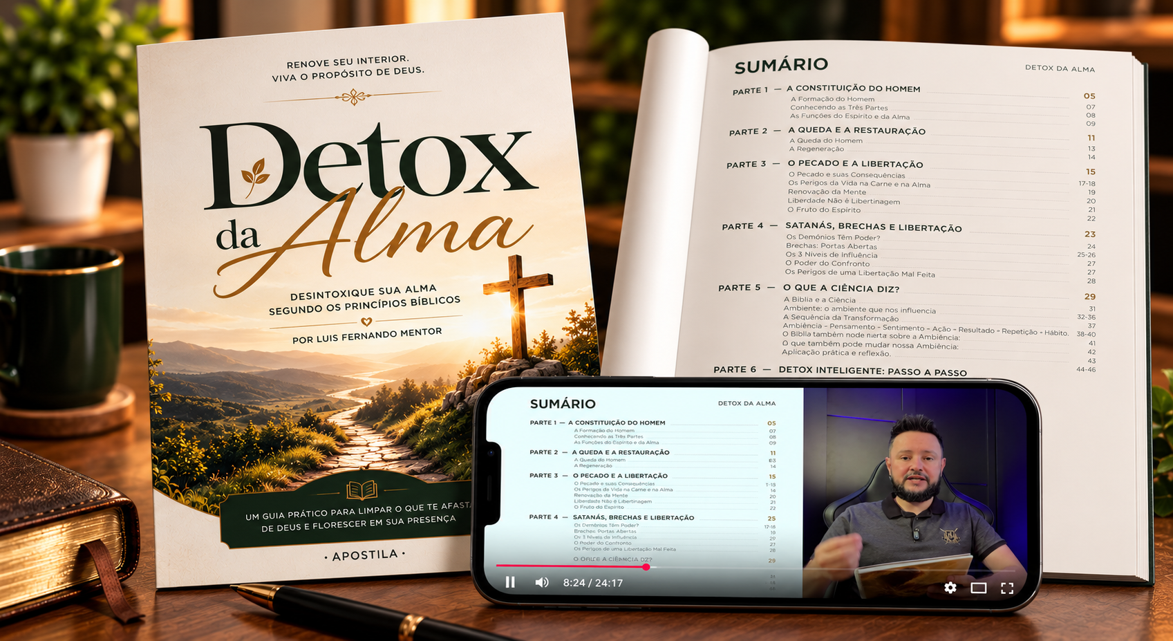 Mockup da apostila Detox da Alma com a capa e a página de sumário em destaque